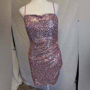 Crystal Sky Sequin Pink Mini  Dress, spaghetti strap petal hem